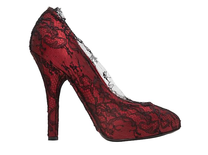 Rote und schwarze Dolce & Gabbana-Pumps aus Satin und Spitze 38 Leinwand  ref.1135436