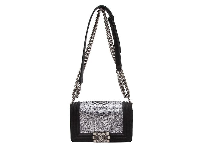 Boy Borsa da ragazzo piccola Chanel in pelle e pelle di serpente nera e argento Nero