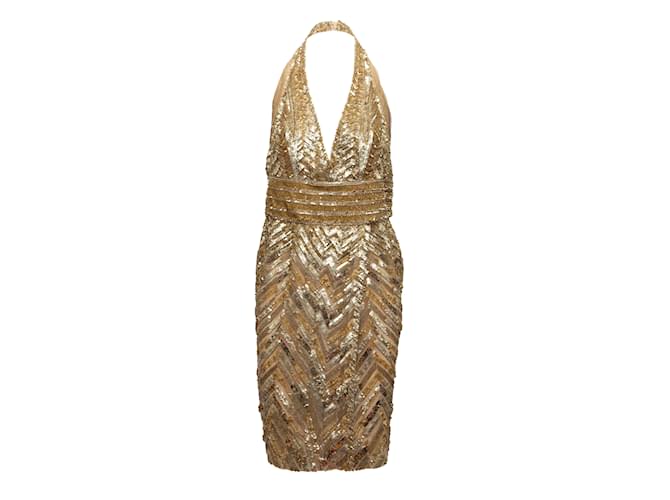 Goldenes Elie Saab Neckholder-Kleid aus Seide mit Pailletten und Perlen, Größe M Synthetisch  ref.1135467
