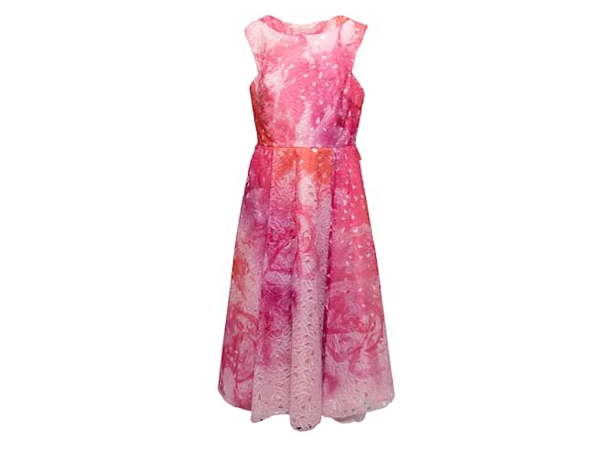 Autre Marque Rosa-rotes Monique Lhuillier-Kleid mit Blumendruck und Ausschnitt, Größe US 14 Pink Synthetisch  ref.1135468