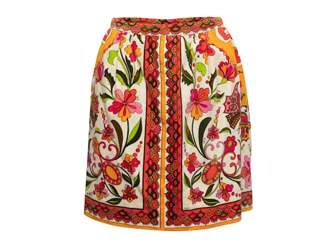 Vintage Orange & Multicolor Emilio Pucci 60s Floral Print Velvet Skirt Size S  ref.1135471