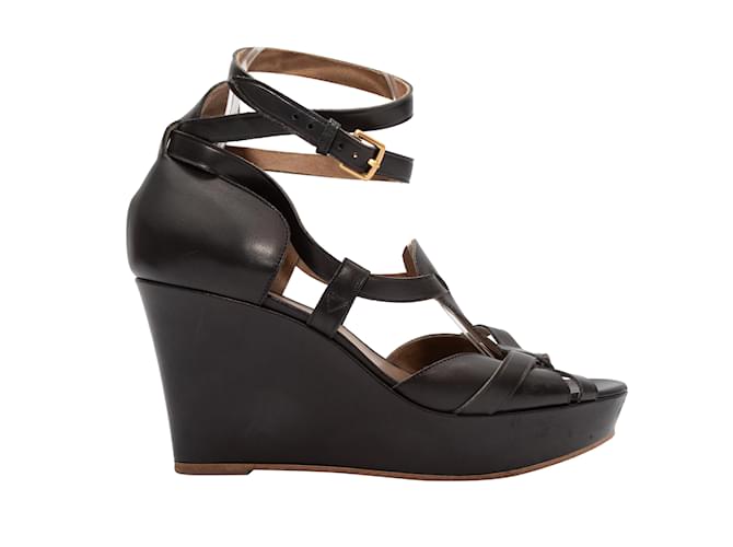 Hermès Black Hermes Leather Strappy Wedge Sandals Size 40.5  ref.1135474