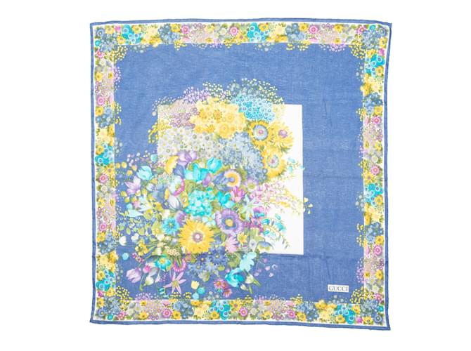 Blue & Multicolor Gucci Floral Print Linen Scarf  ref.1135515