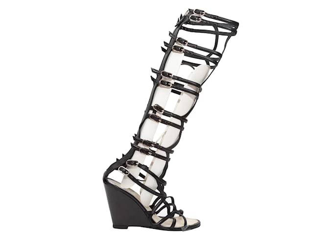 Women's Black Off Shoulder Dress, Brown Leather Knee High Gladiator Sandals,  Silver Embellished Choker | Lookastic