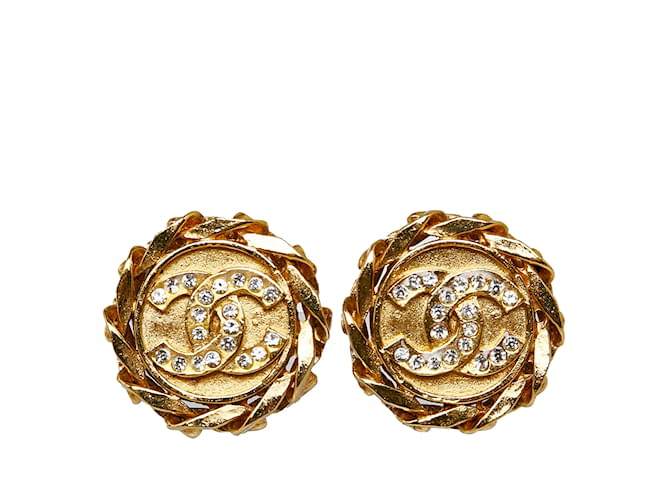 Gold Chanel CC Rhinestone Clip on Earrings Golden  ref.1135796