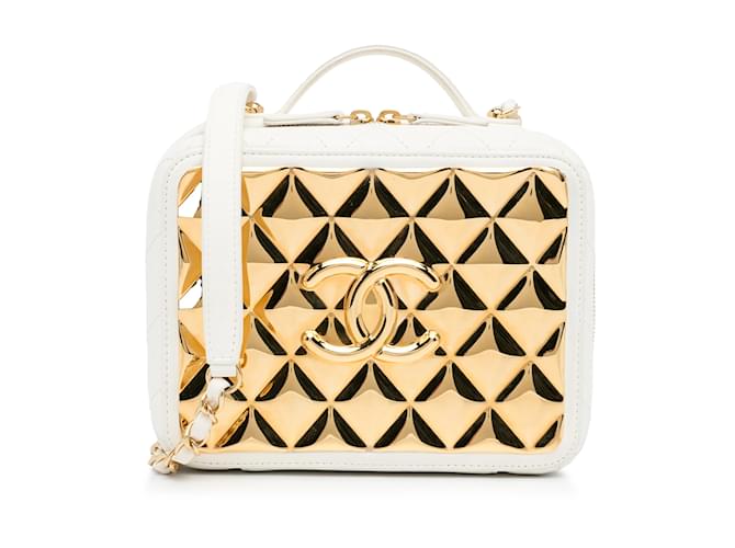 Vanity Weiße Chanel-Kosmetiktasche mit goldener Platte Leder  ref.1135913