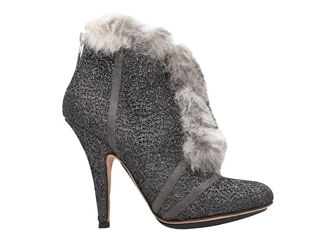 Silver & Grey Christian Dior Fur-Trimmed Heeled Booties Size 38.5 Silvery  ref.1136017
