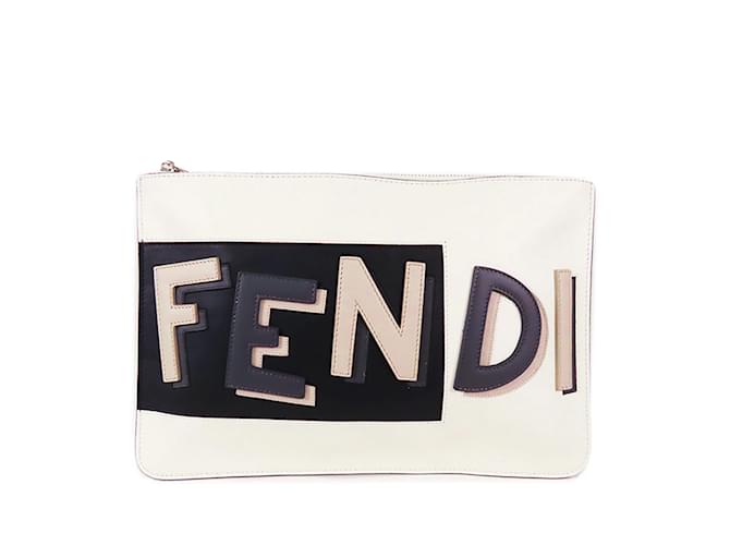 White Fendi Vocabulary 3D Logo Zip Clutch Bag Leather  ref.1136097