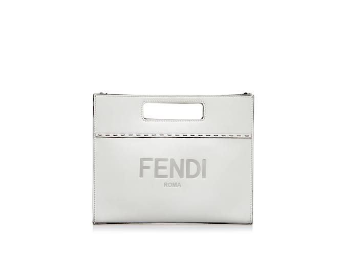 White Fendi Mini Logo Debossed Shopper Bag Satchel Leather  ref.1136433