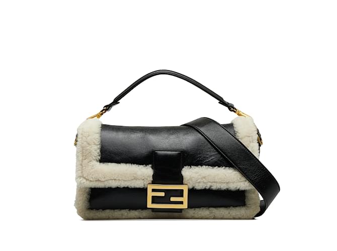 Black Fendi Large Shearling Baguette Satchel Leather  ref.1136457