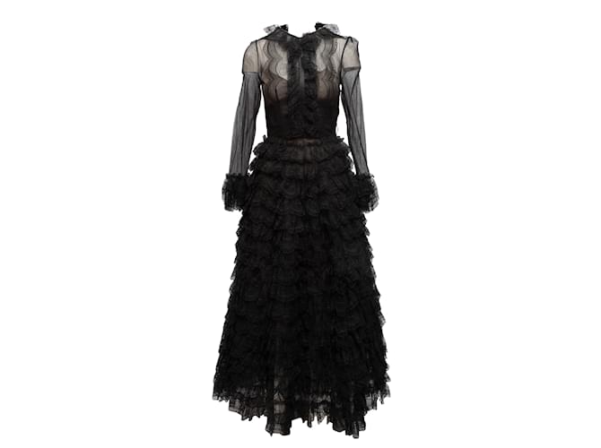 Vintage Black Oscar de la Renta Sheer Tiered Evening Gown Size S Synthetic  ref.1136564