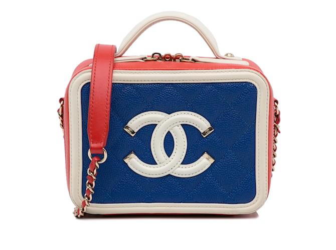Bolsa Chanel Azul Pequeno Caviar Filigree Vanity Case Couro  ref.1136676