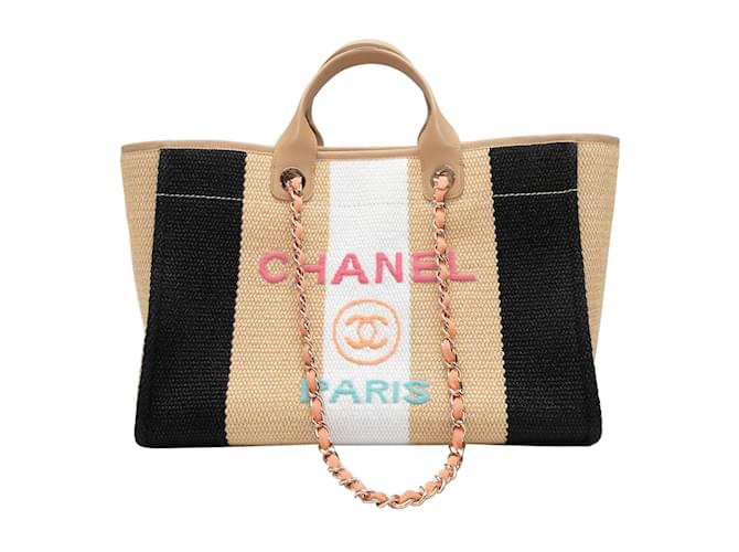 Sacola Chanel com logotipo listrado bege e multicolorido Lona  ref.1136881