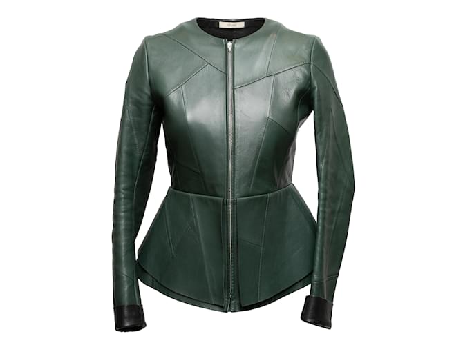 Céline Dark Green Celine Leather Peplum Jacket Size FR 38  ref.1136901