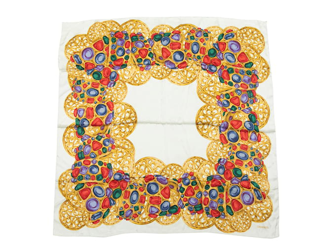 Foulard en soie à imprimé cabochon Chanel blanc et multicolore  ref.1136912