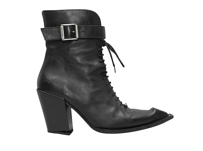 Autre Marque Black John Fluevog Pointed-Toe Lace-Up Ankle Boots Size 40 Leather  ref.1136919