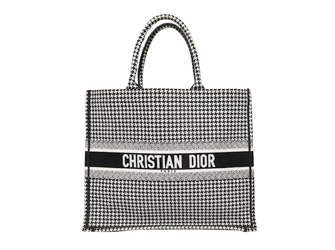 Schwarz-weiße Christian Dior Mittelgroße Buchtasche mit Hahnentrittmuster Leinwand  ref.1136926