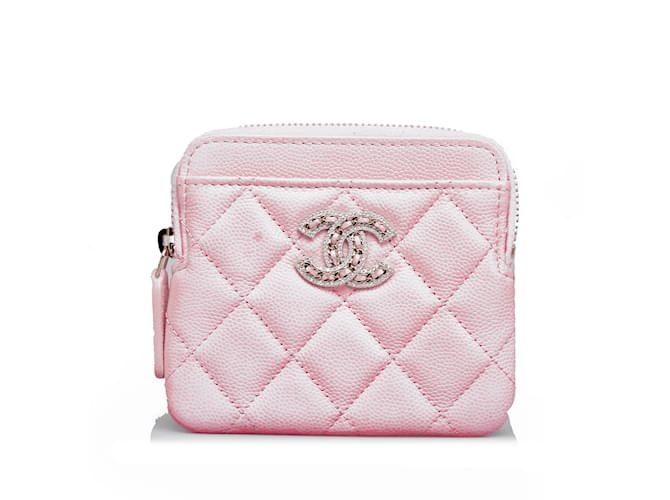 Pink Chanel Caviar CC Crystal Woven Square Zip Around Card Holder Leather  ref.1137087