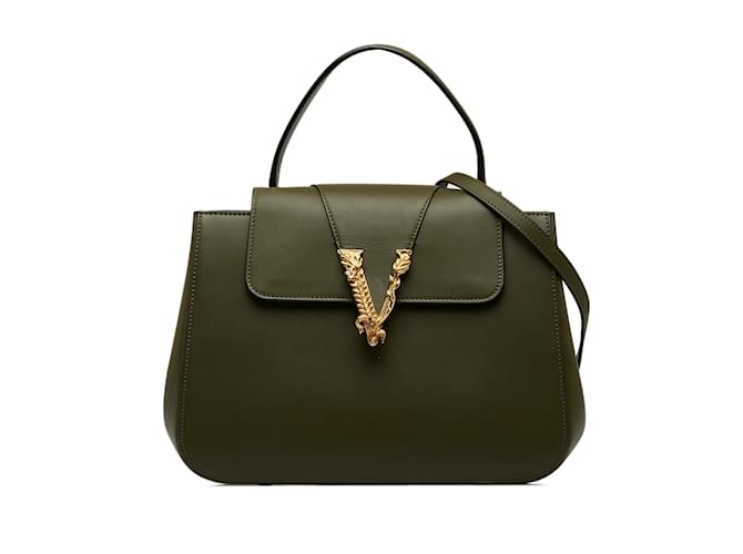 Bolsa Versace Virtus com alça superior verde Couro  ref.1137197