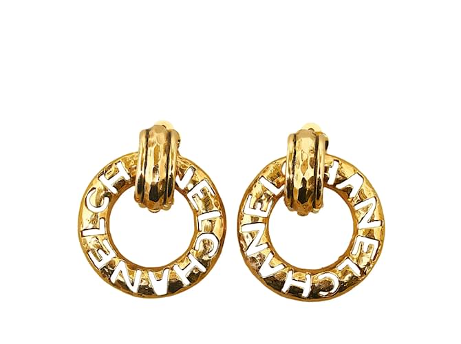 Gold Chanel Vintage Cut-Out Logo Ring Drop Clip-On Earrings Golden Gold-plated  ref.1137217