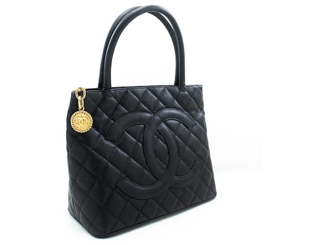 CHANEL Gold Medallion Caviar Shoulder Bag Grand Shopping Tote Black Leather  ref.1137758