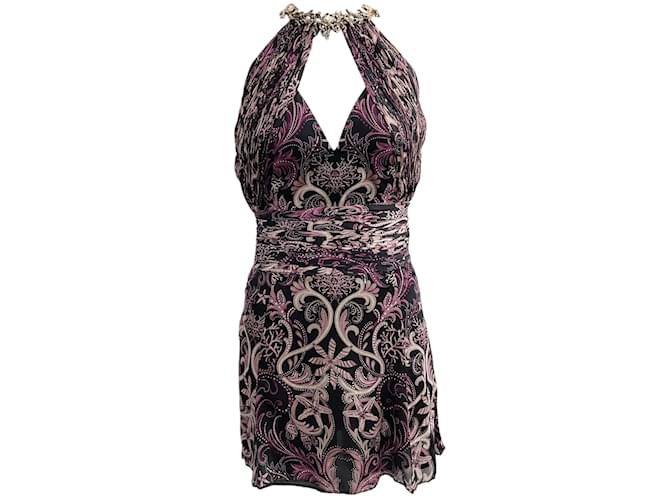Autre Marque Roberto Cavalli black / Purple Print Silk Halter Dress  ref.1137786