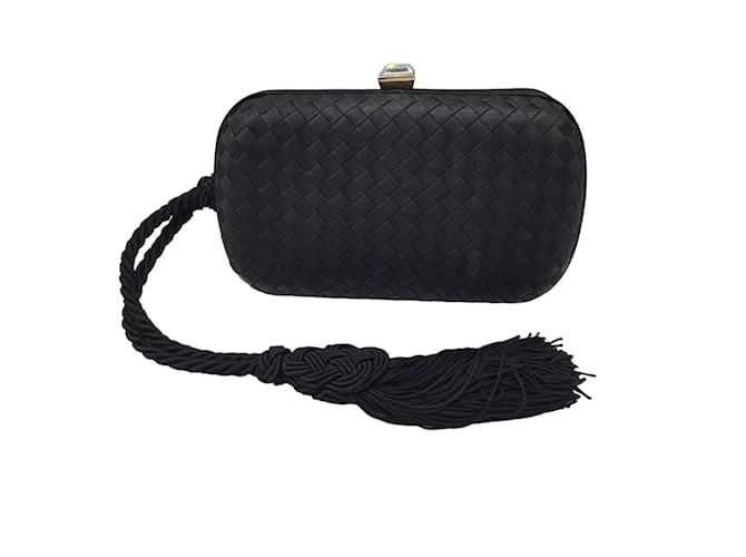 Autre Marque Bottega Veneta Vintage Black Woven Intrecciato Satin Mini Clutch Bag Cloth  ref.1137787