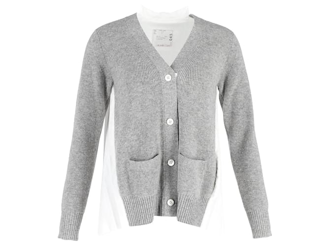 Sacai Pleated Back Cardigan in Grey Wool and White Cotton  ref.1138317