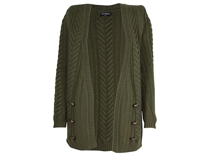 Cardigan Balmain in maglia a trecce in lana verde Verde oliva  ref.1138319