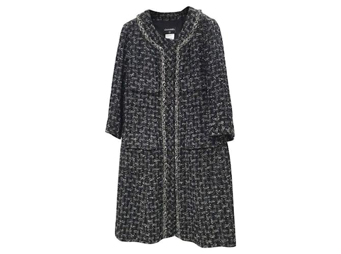 Chanel 13A Black Grey Chain Trim Tweed Coat Jacket Dress Top Dark grey  ref.1138452