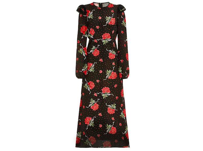 Autre Marque Rodarte Black / Red Ruffled Rose Printed Silk Midi Dress  ref.1139379