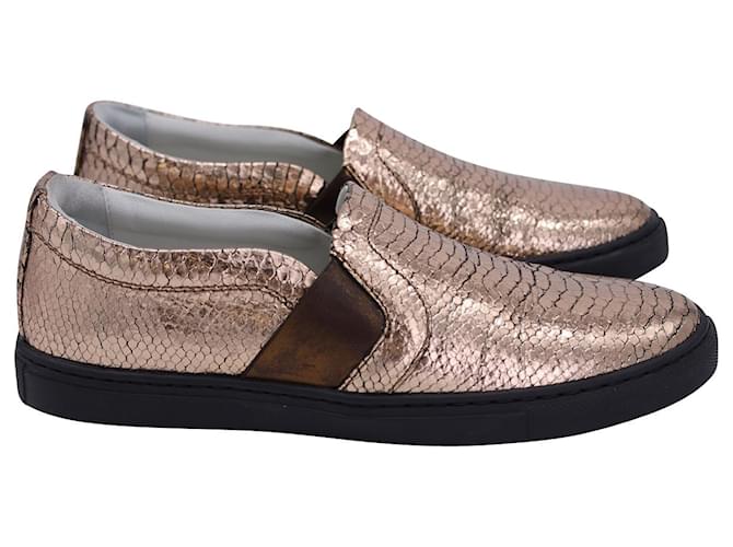 Lanvin Metallic Snakeskin-Embossed Slip-On Sneakers in Gold Leather Golden  ref.1142070