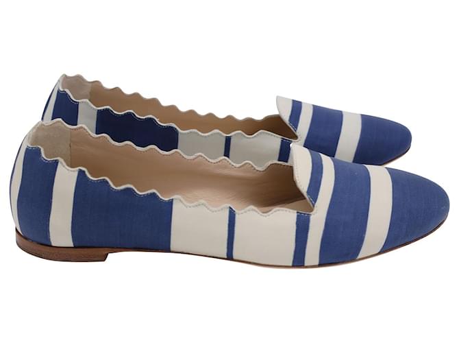Chloé Lauren Striped Flats in Blue and White Leather  ref.1142094