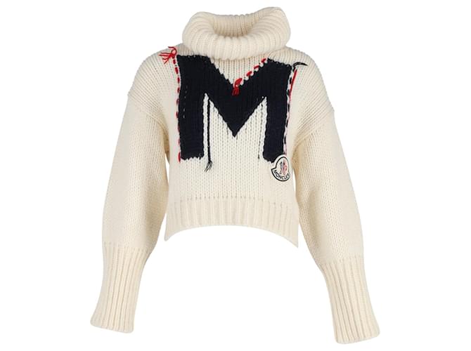 Moncler Pull à col roulé avec logo initial en acrylique crème Blanc Écru  ref.1142095