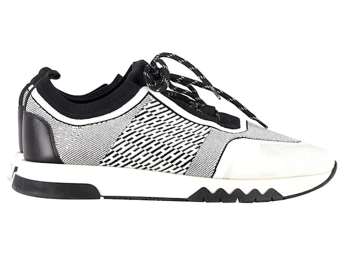 Hermès Sneakers Hermes Addict in tela lavorata a maglia bianca e nera Bianco  ref.1142123