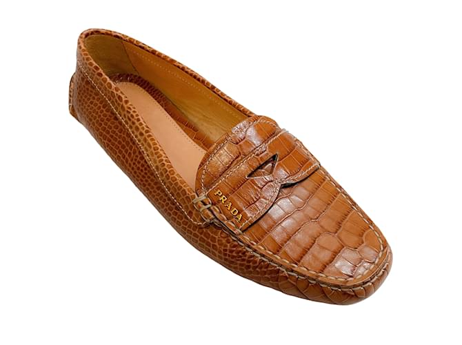Prada Tan Crocodile Driving Loafers Brown Exotic leather  ref.1142364