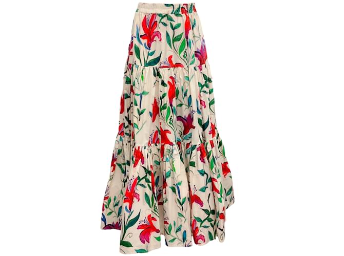 Autre Marque La linedJ Ivory Floral Big Skirt Tiered Maxi Skirt Cream Cotton  ref.1142367