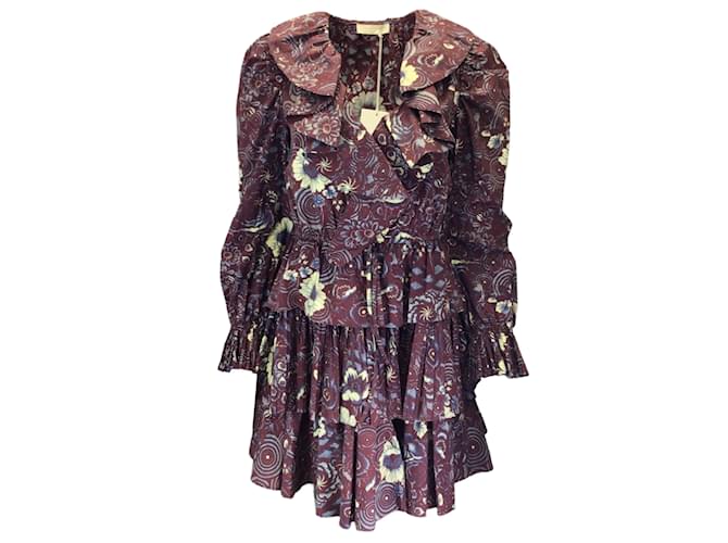 Autre Marque Ulla Johnson Burgundy Multi Lola Heliotrope Print Ruffled Mini Dress Dark red Cotton  ref.1142372