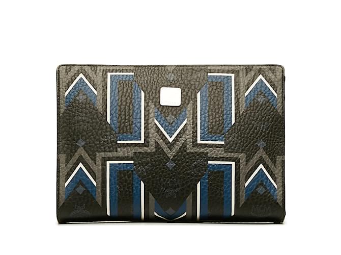 Borsa a mano MCM Visetos Logo Grunta in PVC pelle nera blu navy in ottime condizioni Nero Plastica  ref.1142400