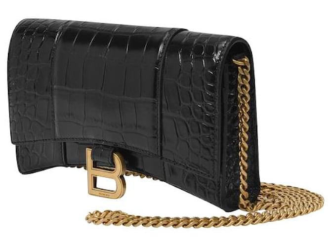 Balenciaga Hour Wallet Bag in Black Patent Crocodile Effet Leather Pony-style calfskin  ref.1142491