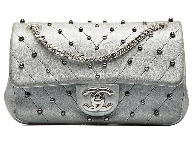 Chanel Silver Small Studded Chevron Flap Silvery Leather Pony-style calfskin  ref.1143072
