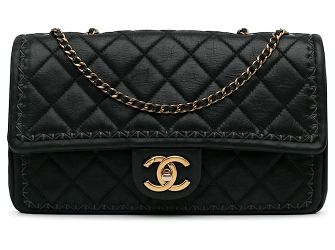 Chanel Black Quilted Lambskin Stitch Single Flap Leather  ref.1143076