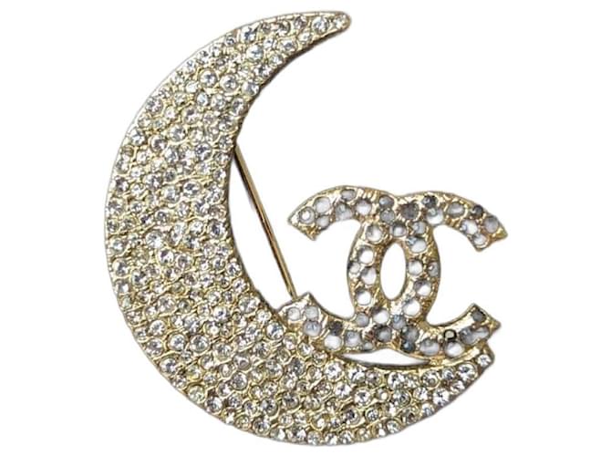 Chanel CC 08P Crescent Moon Crystal Logo GHW Broche RARE Métal Doré  ref.1143095