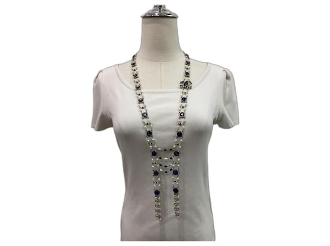 Chanel CC A19Etichetta con collana di perle blu e cristalli con logo C Metallo  ref.1143098