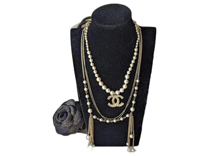 Chanel CC B19Caja de collar de cadena clásica de cristal de perla con logotipo C Dorado Metal  ref.1143110