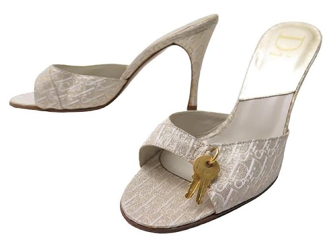 CHRISTIAN DIOR SHOES OBLIQUE CANVAS LOCK & KEY MULES 39.5 CANVAS