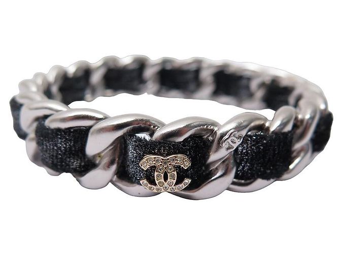 CHANEL-LOGO-CC-STRASS-ARMBAND 2013 SAMTVERSCHLITZTE KETTE 26CM-ARMREIF Silber
