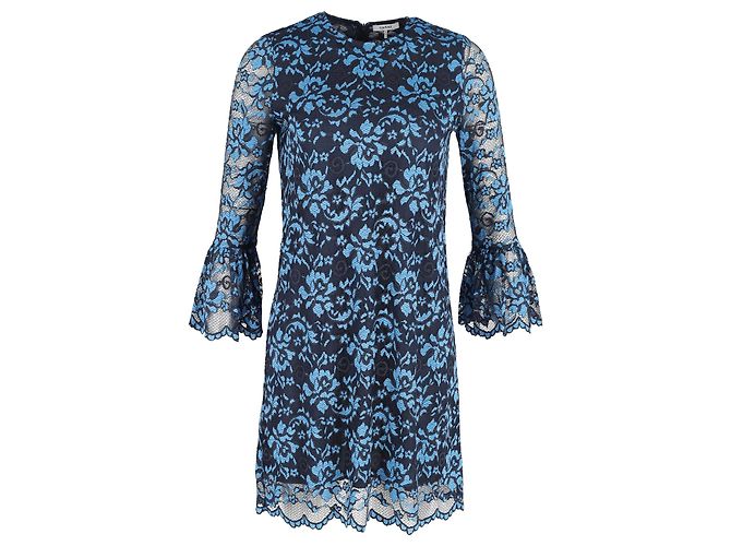 Ganni Blumenkleid mit Spitzenärmeln aus blauem Polyester