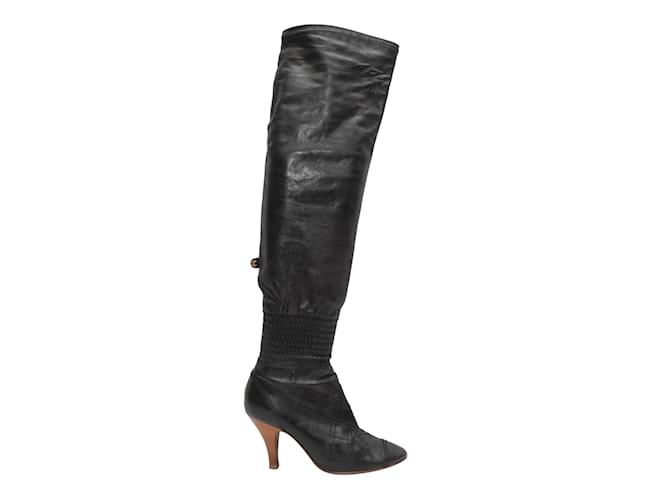 Black Chanel Pointed-Toe Knee-High Boots Size 37 Leather  ref.1149424