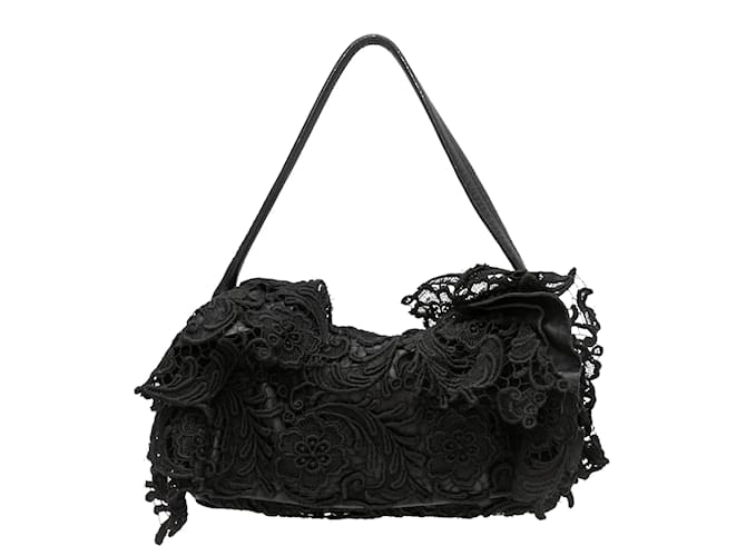 Black Prada Guipure Lace Ruffle Shoulder Bag Leather  ref.1149430
